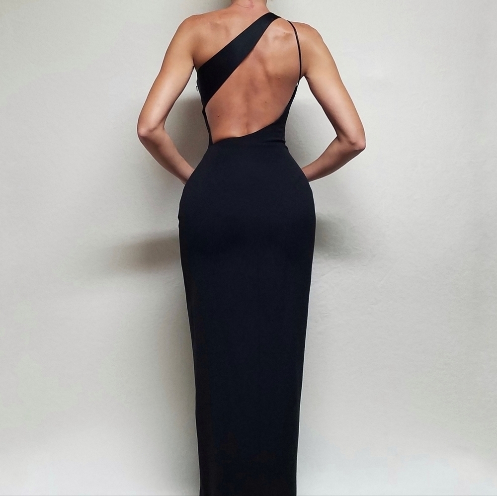 Vintage Andrea Polizzi Black Satin Crepe One-Shoulder Thigh Slit Backless Gown 6 - Picture 3 of 12
